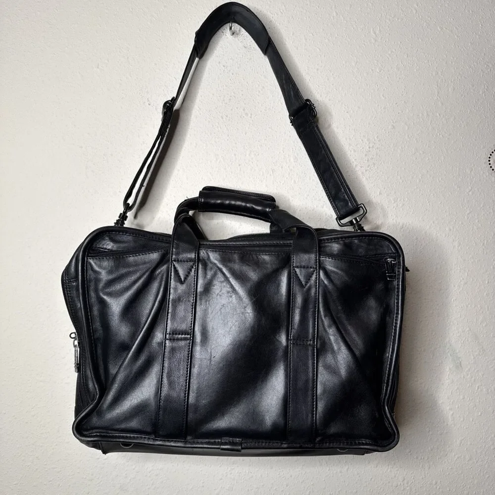 TUMI Alpha Black Leather 17” Messenger Laptop Expandable Briefcase Bag Monogram